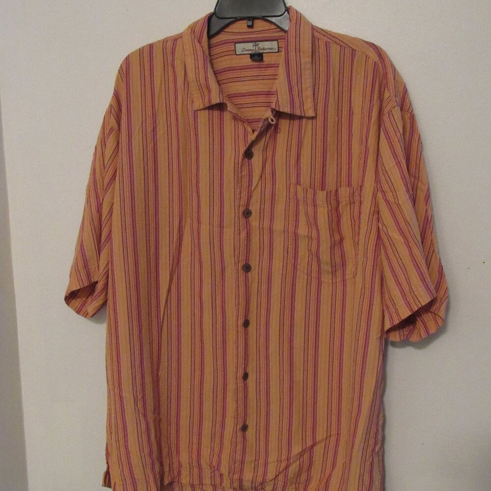 Tommy Bahama 100% Button Up Silk Shirt Mens XL Orange Stripe Short Sleeve Casual